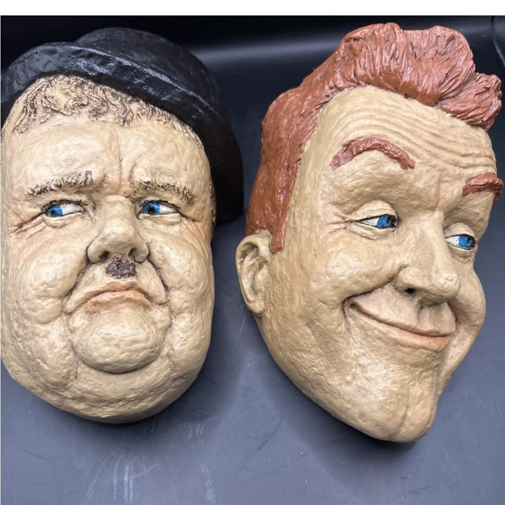 Vintage Pair Set of Laurel & Hardy Plaster Cast Wall Sculptures 8"
